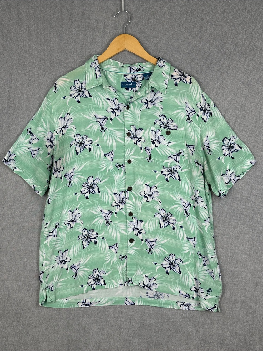 Caribbean Joe Hawaiian Shirt Mens XL Teal Tropical Hibiscus Rayon Excellent